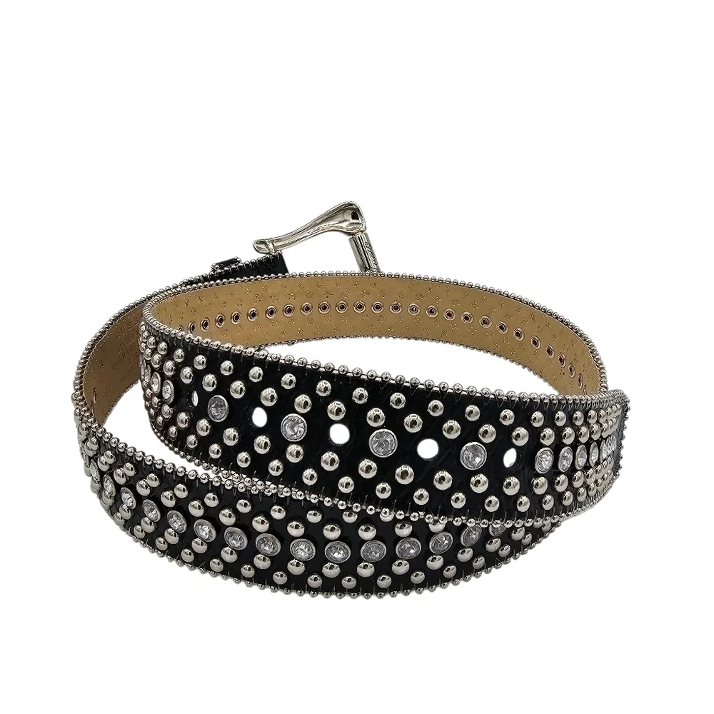 GUESS Patent Leather Studded Rhinestone Western Belt Size Medium Black Bling